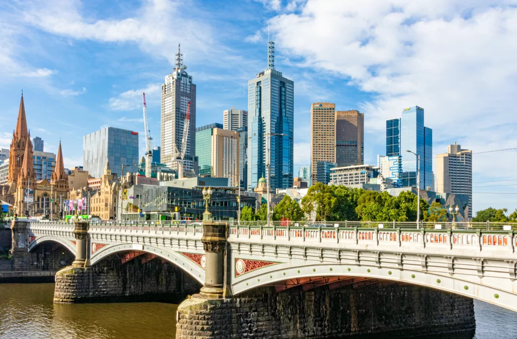 Modern Melbourne Skyscrapers Next to the Neo-Gothic Cathedral and 19th Century Princes Bridge